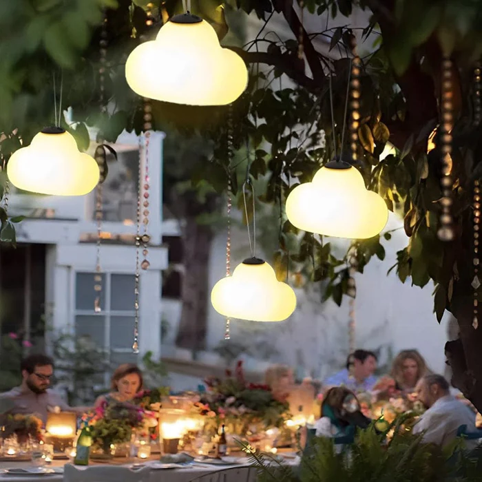 Minori Design Cloud-Shaped LED Hanging Lamp, Milk White Metal and Acrylic, for Gardens