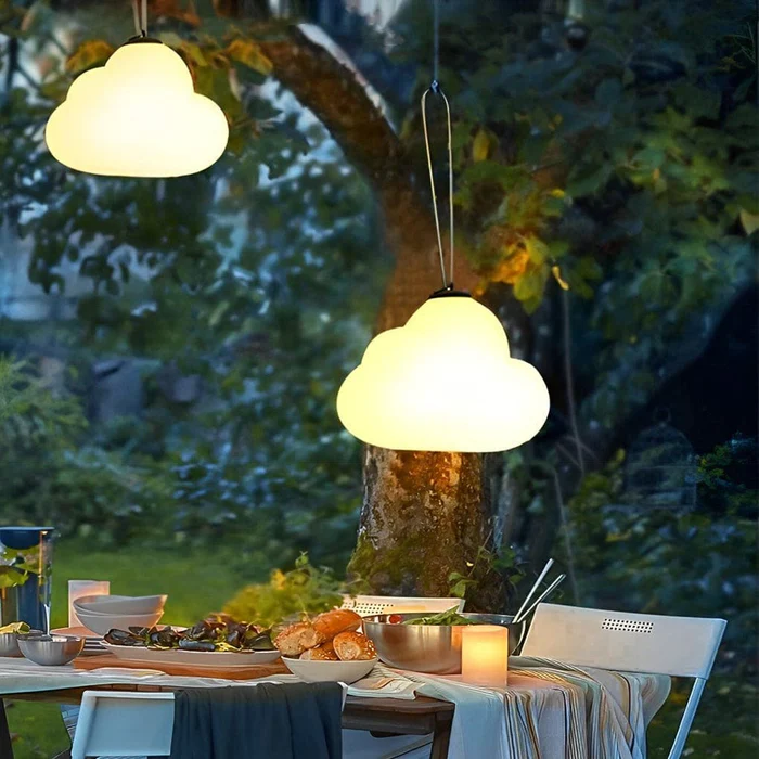 Minori Design Cloud-Shaped LED Hanging Lamp, Milk White Metal and Acrylic, for Gardens