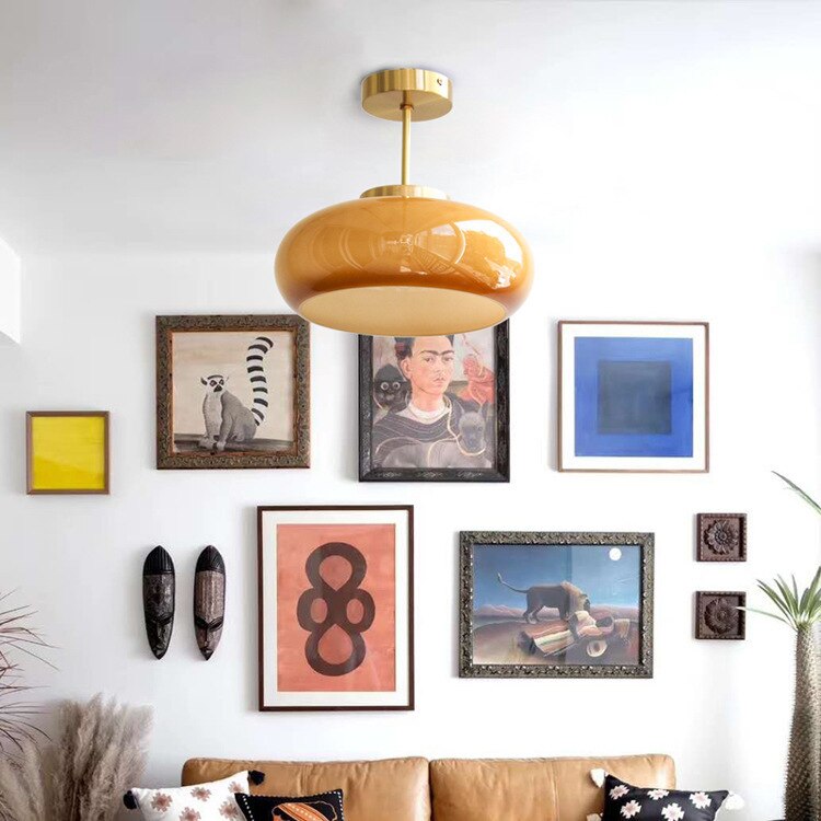 11-Inch Vintage Semi-Flush Mount Ceiling Fixture with Orange Glass Dome