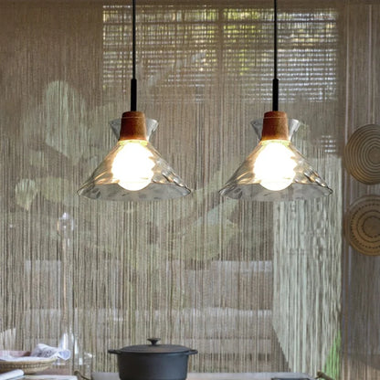 Wooden Hanging Lamp with Art Deco Glass Ripple Shade