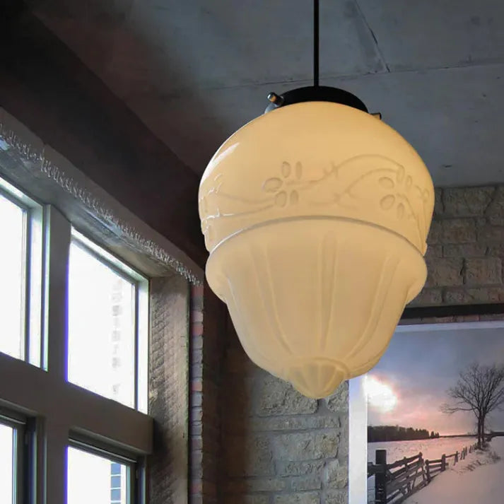 Geometric Jar Pendant Light in Vintage White Milk Glass