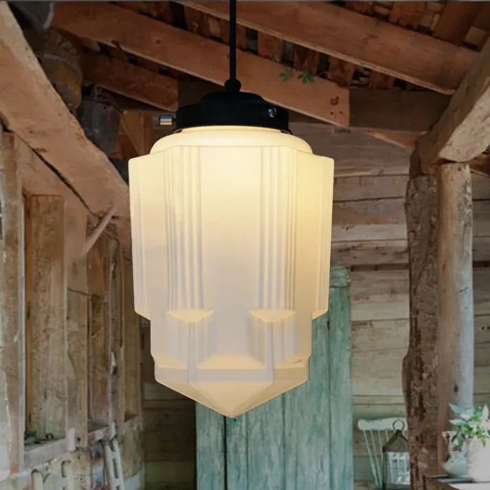 Geometric Jar Pendant Light in Vintage White Milk Glass