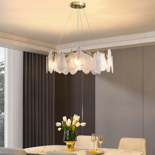Contemporary 6-Light Layered Chandelier with Adjustable Hanging Wires, Cloud Glass Design
 - lampzlondon