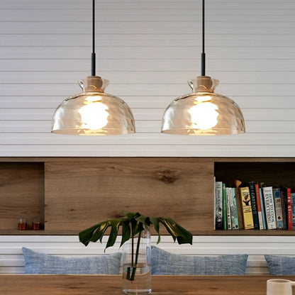Wooden Hanging Lamp with Art Deco Glass Ripple Shade