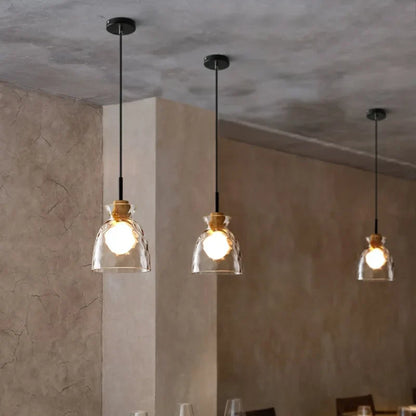 Wooden Hanging Lamp with Art Deco Glass Ripple Shade